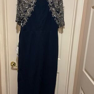 Adrianna Papell Navy Maxi Dress with Silver Detailing